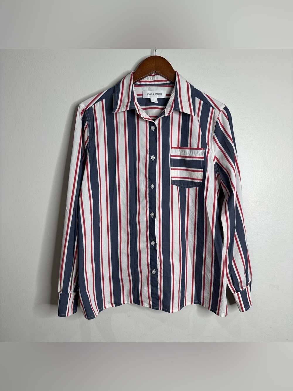Solid & Striped Red White Navy Relaxed Button Up Cotton Collared Shirt Small